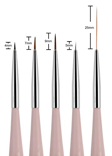 Beaute Galleria 5 Pieces Nail Art Brush Set with Liners (4mm, 7mm, 9mm) Striping Brushes (5mm, 25mm), for Thin Fine Line Drawing, Detail Painting, Striping, Blending, One Stroke