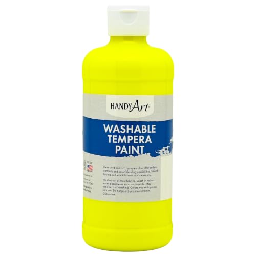 Handy Art Washable Tempera Paint, Fluorescent Neon UV Yellow, 16 oz Bottle | Bright & Mixable, High Opacity, Glows UV Neon with Blacklight, Students, Kids, Young Artists, Safe & Non-Toxic, Made in USA - color: Fluorescent Yellow, size: 16 Fl Oz (Pack of 1