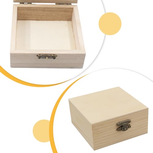 4 PCS Unfinished Wood Box for Crafts Small Wooden Square Box with Hinged Lids and Front Clasps Wooden Storage Box for DIY Arts Party Favor Jewelry Box, 3.9 x 3.9 x 2 Inch