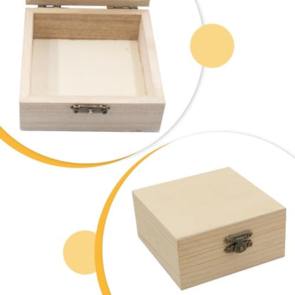 4 PCS Unfinished Wood Box for Crafts Small Wooden Square Box with Hinged Lids and Front Clasps Wooden Storage Box for DIY Arts Party Favor Jewelry Box, 3.9 x 3.9 x 2 Inch