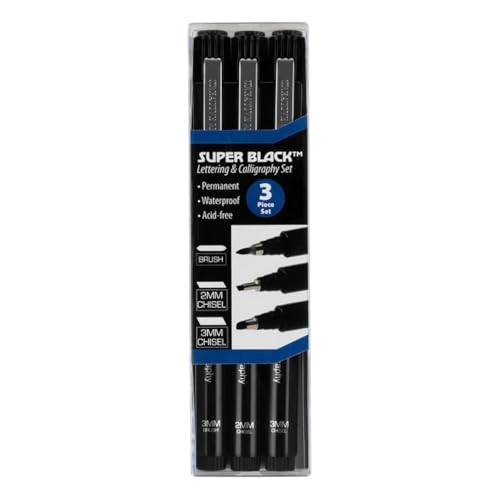 Creative Mark Calligraphy & Fineliner Pen Set of 3 Lettering & Calligraphy Drawing - Super Black, Permanent, Waterproof, & Acid-Free Chisel Nylon-Nibs Pens & Medium Brush Tip