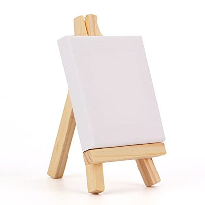 Tosnail 24 Pack 3" x 3" Mini Canvas and Easel Set, Small Art Easel Stand with Canvas Set, Tabletop Wooden Display Stand and Canvas Panels for Artist, Students, Adults, Kids Painting