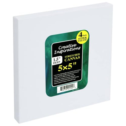 Creative Inspirations Stretched Canvas 4 Pack - 1-1/2" Deep, 5x5, 11oz Sealed & Double-Primed Cotton Canvases, Pine Stretcher Frame, Archival All-Media Primer - Alkyd, Acrylic & Oil Painting - size: 5x5"