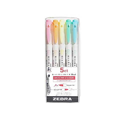 Zebra Pen, Mildliner Dual-Ended Brush Pens, 5 Assorted Colors, Brush and Fine Tips, Soft Mild Ink with No Bleed-Through, Water-Resistant Ink for Journaling, Calligraphy, Planners, 5-Pack (79105) - color: Assorted A, size: 1 Count (Pack of 5), style: Brush