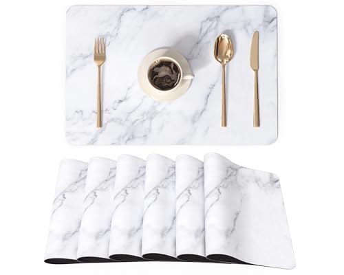 QiyI Placemats Set of 6, 12x18 Inch Faux Leather Place Mats for Kitchen Dinning, Heat Resistant Anti Slip Table Mats, Waterproof Wipeable Washable Placemat Party Table Décor, White Marble - color: White Marble, size: Set of 6
