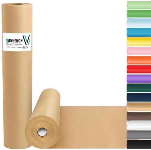 Vanhench Brown Wrapping Paper Roll, Craft Kraft Packing Paper 17.5"x 1200"(100') for Birthday Gift Bulletin Board Arts Bouquet Flower Table Covering Poster Moving Supplies 70GSM 50LB - color: Brown, size: 17.5" X 100‘