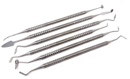 Composite Instrument Dental Set of 6 pcs Restorative Plastic Filling Restoration Preparation Carvers Contouring Plugger Ball Burnisher Tooth Cavity Various Decay Removal Double Ended Instruments - color: Silver