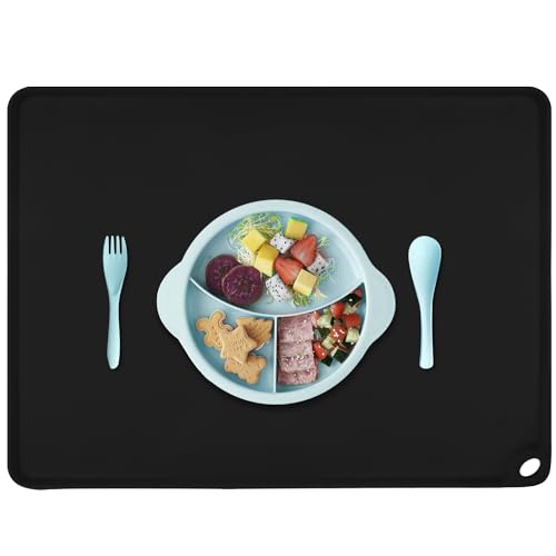 Black Silicone Placemats - Multipurpose Baby Food Mat & Reusable Countertop Mats with Raised Edges, Heat Resistant for Air Fryer (1 Pack, 19.7" x 15.7") - color: Black-raised Edge, size: 19.7"L x 15.7"W