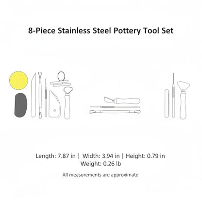 8-Piece Stainless Steel Pottery Sculpting Tool Set for Clay Carving, Modeling, and Wheel Throwing - Yellow Handle Kit