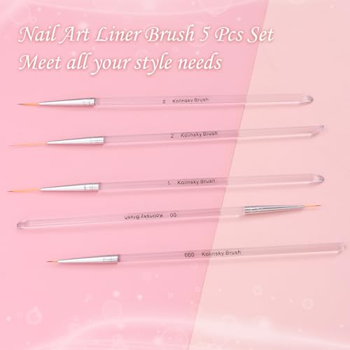 5Pcs Nail Art Liner Brushes Set, Manicure Brush Fine Drawing Thin Lines Painting Details Striping Design For Gel Polish Dotting Pen Transparent Handle Home DIY, 6/9/12/18/24mm - color: White