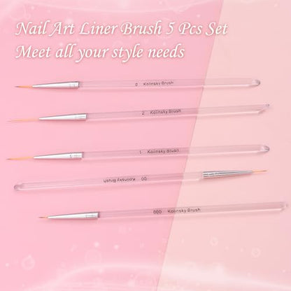5Pcs Nail Art Liner Brushes Set, Manicure Brush Fine Drawing Thin Lines Painting Details Striping Design For Gel Polish Dotting Pen Transparent Handle Home DIY, 6/9/12/18/24mm - color: White