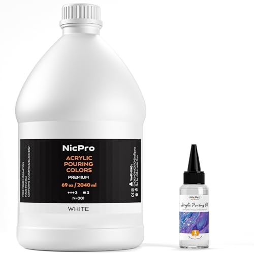 Nicpro Titanium White Color Acrylic Pour Paint, 69 Ounce Pre-Mixed Pouring Paint Supplies with Silicone Pour Oil & Gloves for Canvas, Rock, Wood Cell Creation Flow DIY Art Painting, Ready to Pour - color: 69oz-white