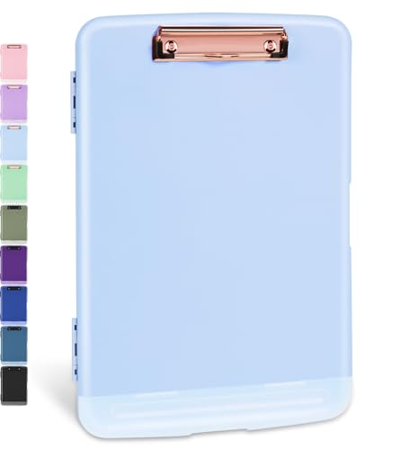 Sooez Clipboards with Storage, High Capacity Clip Boards 8.5x11 with Pen Holder, Heavy Duty Plastic Paper Organization Folder Cases, Letter / A4 Size for Nurse Teachers, School & Office Supplies - color: Baby Blue With Rose Gold Clip