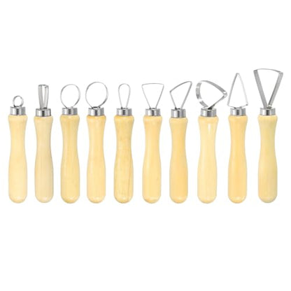 HARFINGTON 10pcs Clay Sculpting Tools Wooden Handle Stainless Steel Head Crafts Modeling Kit Pottery Carving Trimming Set for Shaping Cutting Decoration Embossing