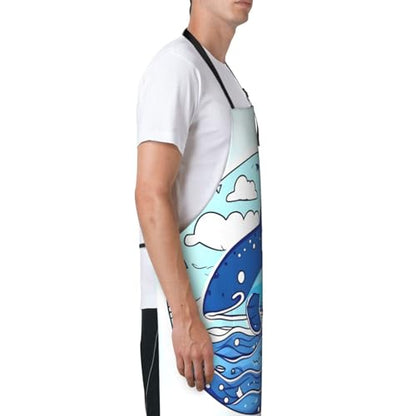 Round watercolor painting Heavy Duty Waterproof Apron with Pockets for AdultsResistant Grilling, Gardening, Painting - color: Small Whale Swimming