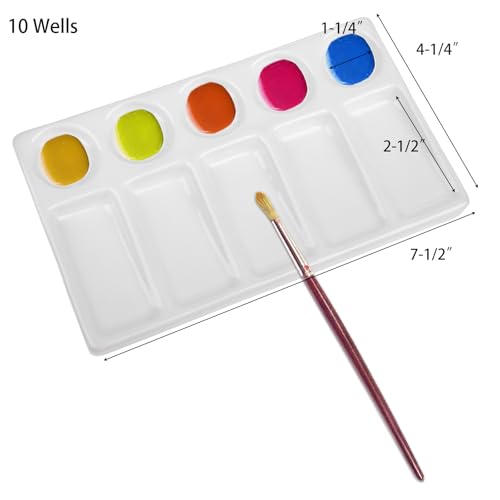 Jucoan 2 Pack 10-Well Ceramic Watercolor Paint Palette, 7-1/2 x 4-1/4 Inch Rectangle Porcelain Artist Paint Palette Mixing Tray for Watercolor, Gouache, Acrylic