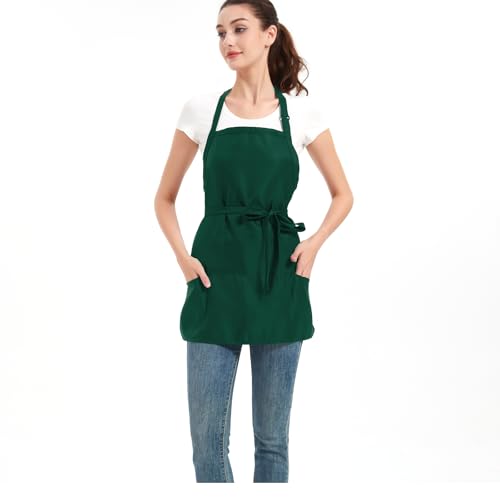 Aprons for Women with 3 Pockets, Cooking Apron with Waterproof Coating, Chef Apron Adjustable Neck Strap - color: Green