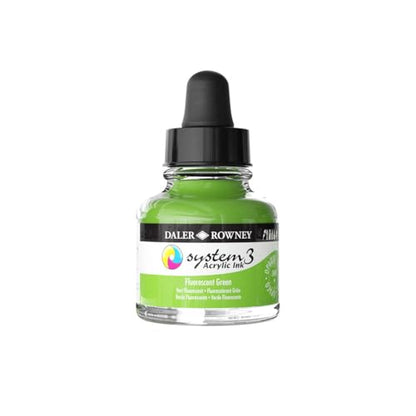 Daler-Rowney System3 Acrylic Ink Bottle Fluorescent Green 29.5ml - Versatile Acrylic Ink for Artists and Students - Opaque Calligraphy Ink for Drawing Illustrating Airbrushing Dip Pen Ink and More