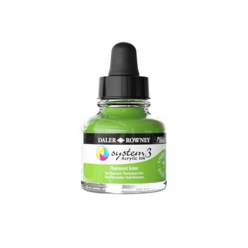 Daler-Rowney System3 Acrylic Ink Bottle Fluorescent Green 29.5ml - Versatile Acrylic Ink for Artists and Students - Opaque Calligraphy Ink for Drawing Illustrating Airbrushing Dip Pen Ink and More