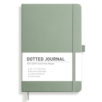 RETTACY Dotted Journal Notebook, 192 Pages, A5 Medium Size (5.7'' x 8.3''), Leather Hardcover, 100 GSM Thick Paper, for Journaling, Planning, Tracking (Sage Green) - color: Sage Green, style: Dotted