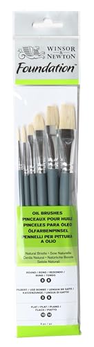Winsor & Newton Foundation Oil Hog Brush Set, Short Handle, Round Filbert & Flat, 6 Pack - size: Round 3 & 6, Filbert 3 & 6, Flat 10 & 14 (Short)