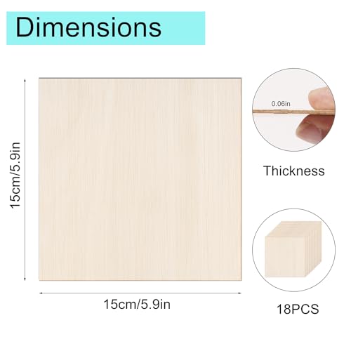 18 Pack Basswood Sheets - 6x6 Inch x 1/16 Inch Thick Plywood Balsa Wood Squares for Crafts, Laser Cutting, Wood Burning and Drawing - size: 6 x 6 inch