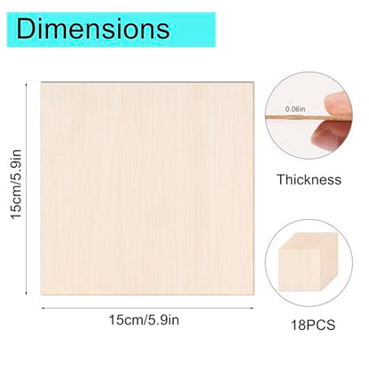18 Pack Basswood Sheets - 6x6 Inch x 1/16 Inch Thick Plywood Balsa Wood Squares for Crafts, Laser Cutting, Wood Burning and Drawing - size: 6 x 6 inch