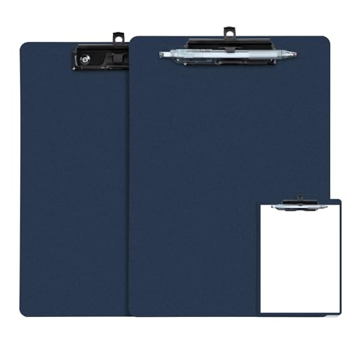 FRETONBA Blue Clipboard with Pen Holder, 2 Pack Plastic Clipboard with Low Profile Metal Clip, Hanging Clip Boards Holds 8.5x11 Inch Papers, Standard A4 Letter Size Clip Boards for Office & School - style: 2 Pack-Blue