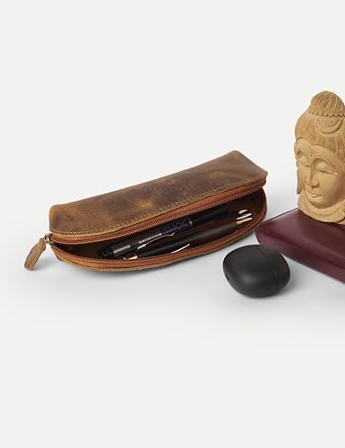 Leather Pencil Case -100% Leather Zippered Pen Pouch - Stationery Bag Pen Holder for Work & Office (Antique Brown 1) - color: Antique Brown 1