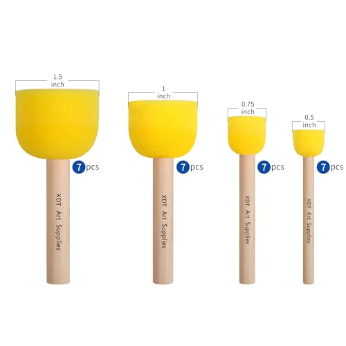 Round Foam Brush 28 Piece Set 0.5''x7 0.75''x7 1''x7 +1.5''x7, Round Sponge Brush for Painting, Soft & Disposable & Washable - size: Assorted 28Pc
