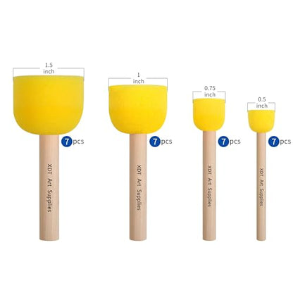 Round Foam Brush 28 Piece Set 0.5''x7 0.75''x7 1''x7 +1.5''x7, Round Sponge Brush for Painting, Soft & Disposable & Washable - size: Assorted 28Pc