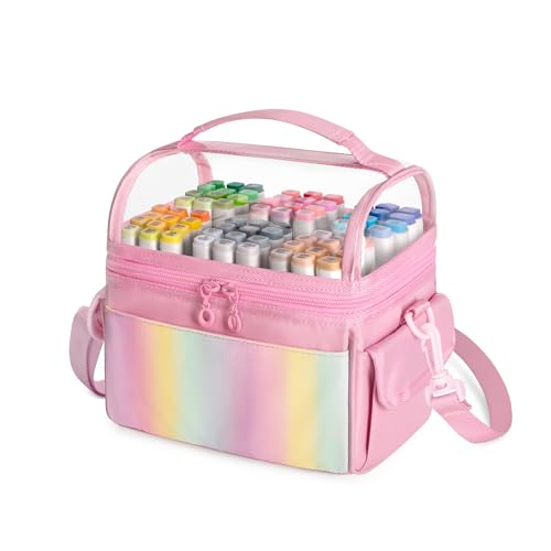 GRAOSO Marker Organizer Case for up to 72 Markers, Marker Storage Bag with Detachable Divider and 3 Extra Pockets, PVC Top Easy Find Your Need, Handle and Shoulder Strap, Pink (Case Only) - color: Pink