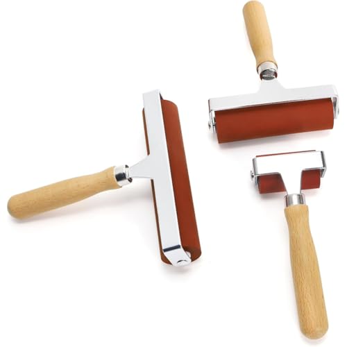 Wood Handle Printmaking Brayer Tool, 3 Sizes Rubber Roller(6, 4, 2 Inch), Soft Design for Stamping, Wallpapers, Tape