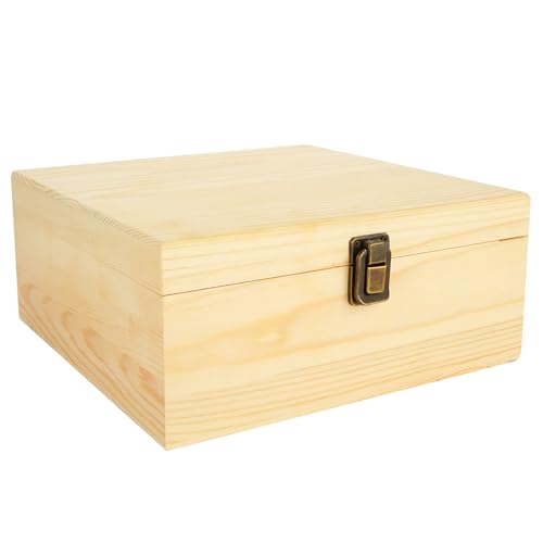 DAJAVE Unfinished Wooden Box, Wooden Storage Box with Hinged Lid, 9x9x4 Inch Pine Wood Box DIY Craft Stash Boxes for Arts Hobbies, DIY, Home Storage