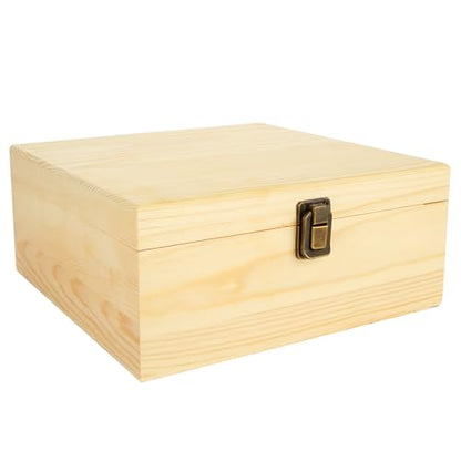 DAJAVE Unfinished Wooden Box, Wooden Storage Box with Hinged Lid, 9x9x4 Inch Pine Wood Box DIY Craft Stash Boxes for Arts Hobbies, DIY, Home Storage