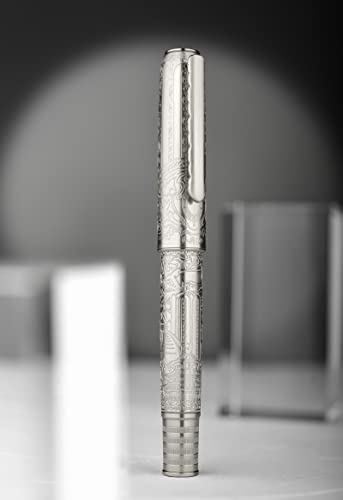 Hongdian 100 Piston Fountain Pen Silver Steel, Iridium Medium Nib Calligraphy Pen, Smooth Writing Pen with Pen Case Set - color: Silver-100, style: Medium Point