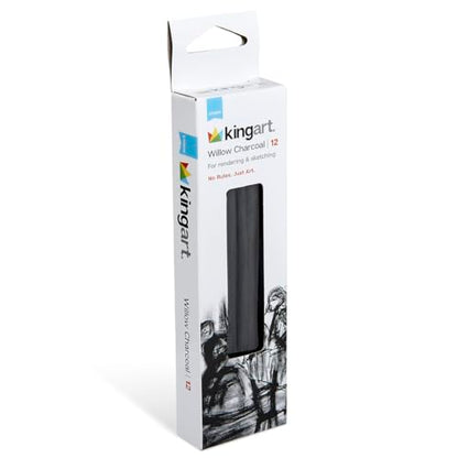 KINGART 12-Piece Willow Charcoal Sticks, Soft, Black Artist Vine Charcoal for Artists, Beginners, Students, Great for Sketching, Rendering, Drawing, Shading and Fine Art