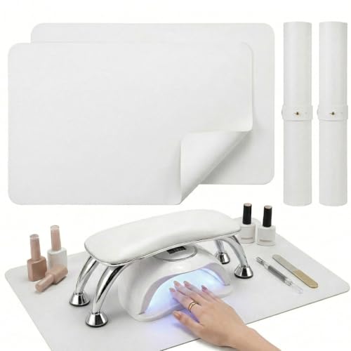 2 PCS Nail Art Table Mat, Soft Microfiber PU Leather Nail Pad, Foldable Nail Art Rest Pad, Reusable Nail Mat for Table Desk, Acrylic Nail Desk Mat for Nail Cushion (White and White) - color: White and White