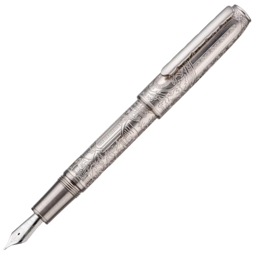 Hongdian 100 Silver Steel Piston Fountain Pen, Iridium Long Blade Fine Nib Calligraphy, Smooth Writing Pens, Nice Writing Pen for Men & Women - color: Silver-100, style: Long Blade Point