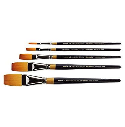 KINGART Premium 5 pc. Original Gold 9100 Series ONE Stroke Artist Brush Set, Synthetic Golden Taklon Hair for Acrylic, Oil, and Gouache Paint, Short Handle, 5 Sizes: 1/8", 1/4", 1/2", 3/4", 1" - size: Set of 5 - (1/8", 1/4", 1/2", 3/4", 1")