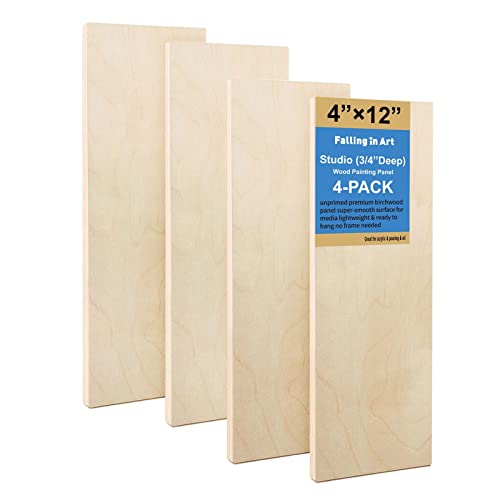Falling in Art Unfinished Birch Wood Panels Kit for Painting, Wooden Canvas 4 Pack of 4x12 Studio 3/4" Deep, Cradle Boards for Pouring, Art, Crafts, Burning and More - size: 4'' x 12''