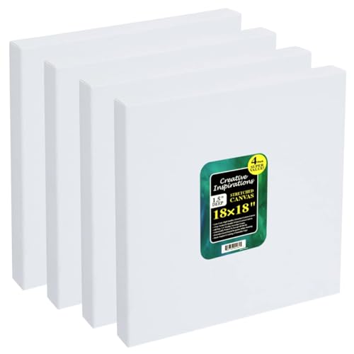 Creative Inspirations Stretched Canvas 4 Pack - 1-1/2" Deep, 18x18, 11oz Sealed & Double-Primed Cotton Canvases, Pine Stretcher Frame, Archival All-Media Primer - Alkyd, Acrylic & Oil Painting - size: 18x18"
