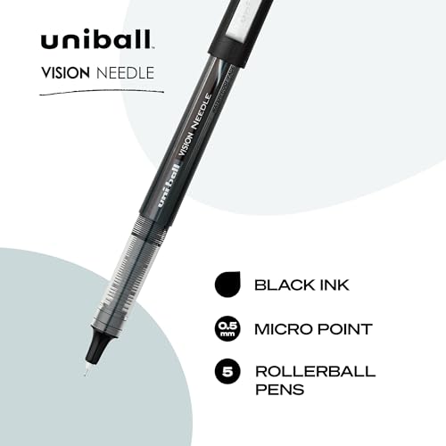 uniball Vision Needle Rollerball Pens, Micro Point (0.5mm), Black, 5 Pack - color: Black, size: 1 Count (Pack of 5), style: Needle Micro