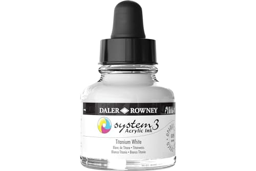 Daler-Rowney System3 Acrylic Ink Bottle Titanium White 29.5ml - Versatile Acrylic Ink for Artists and Students - Opaque Calligraphy Ink for Drawing Illustrating Airbrushing Dip Pen Ink and More