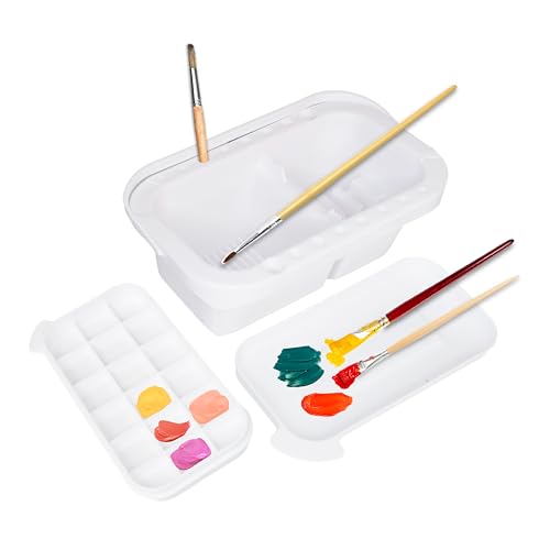 Paint Brush Organizer Kit - Portable Cleaner & Holder with Lid, 18-Well Palette, Multi-Use Rinse Cup for Acrylic, Watercolor, Water-Based Paints - White Plastic Utility Tray