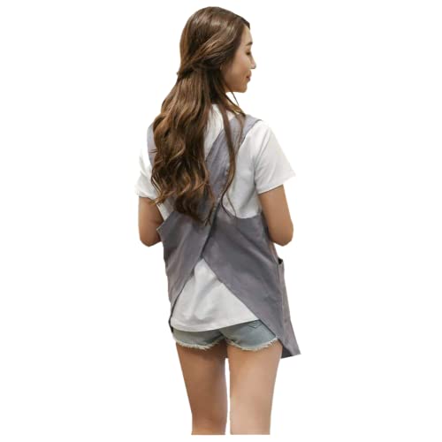 Shortened Design Apron, Japanese Style Soft Cotton Linen Apron with Two Side Pockets, X Cross Halter Aprons, Kitchen Cooking Clothes Gift for Women DIY Project, Crafting, Cooking, Baking(Light Gray) - color: Light Gray, style: 1# Style-rounded Edge