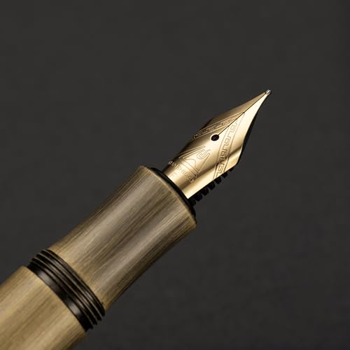 Luxury Solid Brass Fountain Pen Set for Writing & Calligraphy - Choose Antique or Matte Black Finish. Includes 10 Ink Cartridges & Premium Gift Box (Fine Nib, Antique Brass) - color: Antique Brass, style: Fine Nib