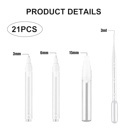 21Pcs Refillable Acrylic Paint Markers 3mm 6mm15mm, Empty Acrylic Markers with 3 ml Dropper, Blank Round Tilted Flat Head Fillable Paint Pen for Adult Painting, Ceramics Graffiti Stone and DIY