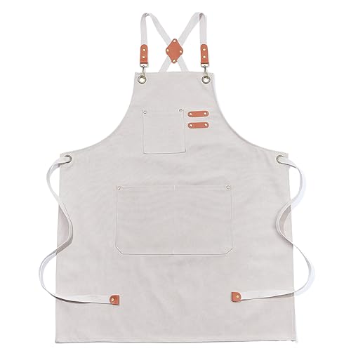 Multi-Pocket Waterproof Oil-Proof Canvas Cotton Apron Cross-Back Adjustable Straps For Chefs Barbers Carpenters - color: White