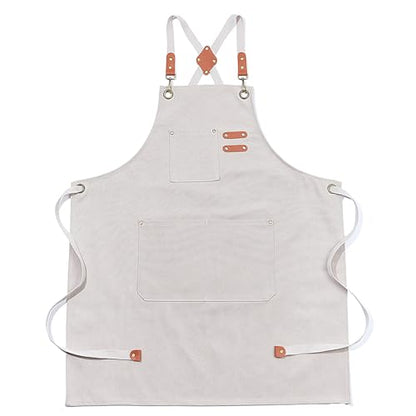 Multi-Pocket Waterproof Oil-Proof Canvas Cotton Apron Cross-Back Adjustable Straps For Chefs Barbers Carpenters - color: White